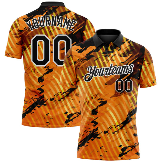 Custom Black Gold-White Abstract Grunge Splatter Diagonal Stripe Performance Polo Shirt - Main View