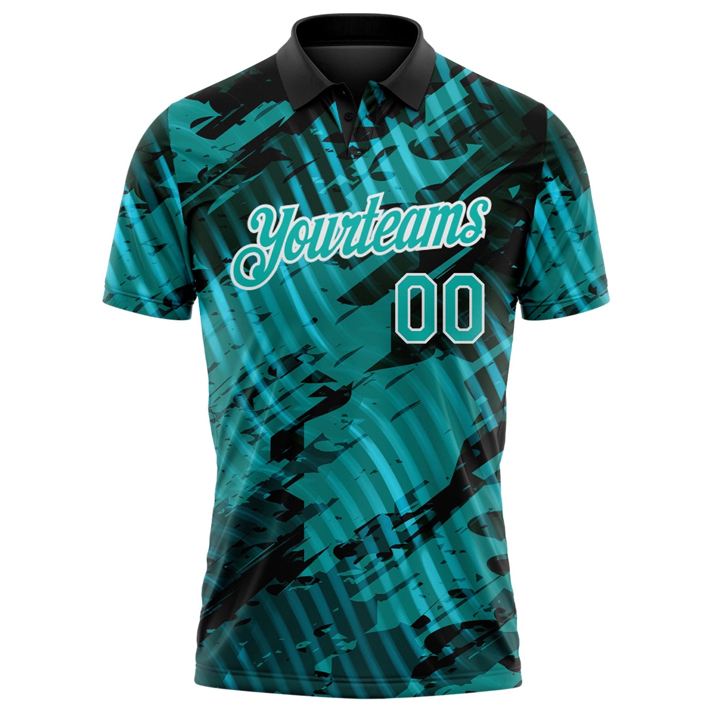 Custom Black Aqua-White Abstract Grunge Splatter Diagonal Stripe Performance Polo Shirt view 2