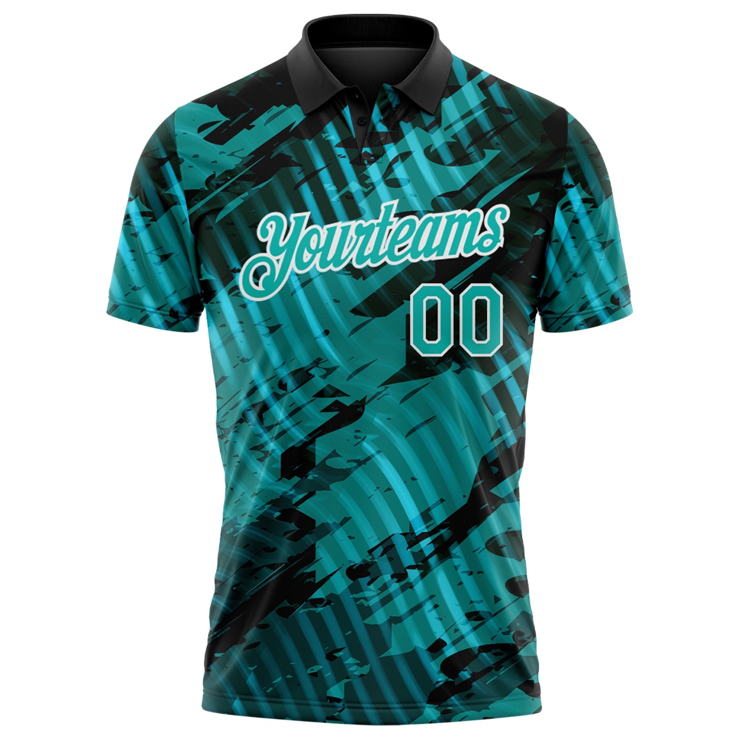 Custom Black Aqua-White Abstract Grunge Splatter Diagonal Stripe Performance Polo Shirt view 2