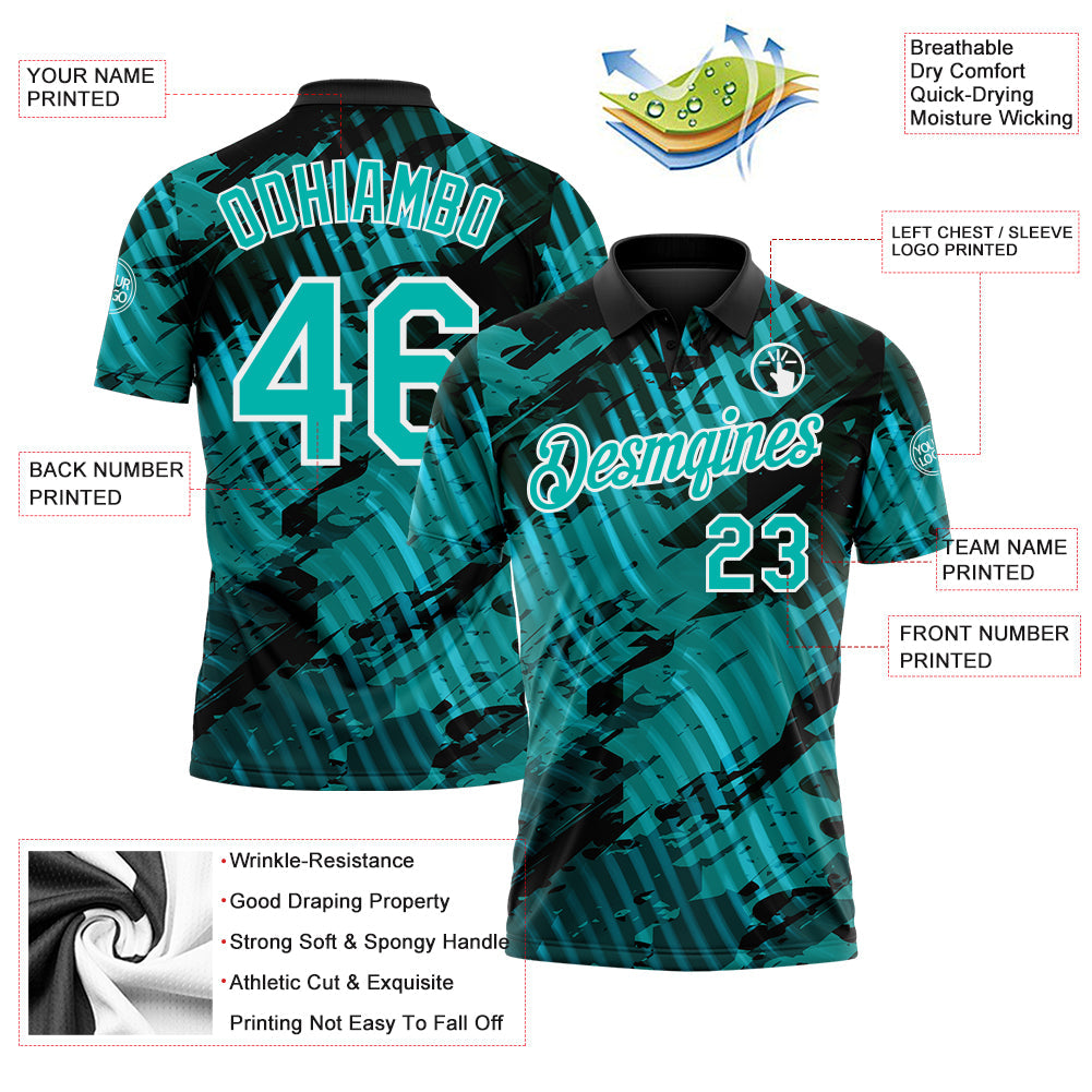 Custom Black Aqua-White Abstract Grunge Splatter Diagonal Stripe Performance Polo Shirt view 3