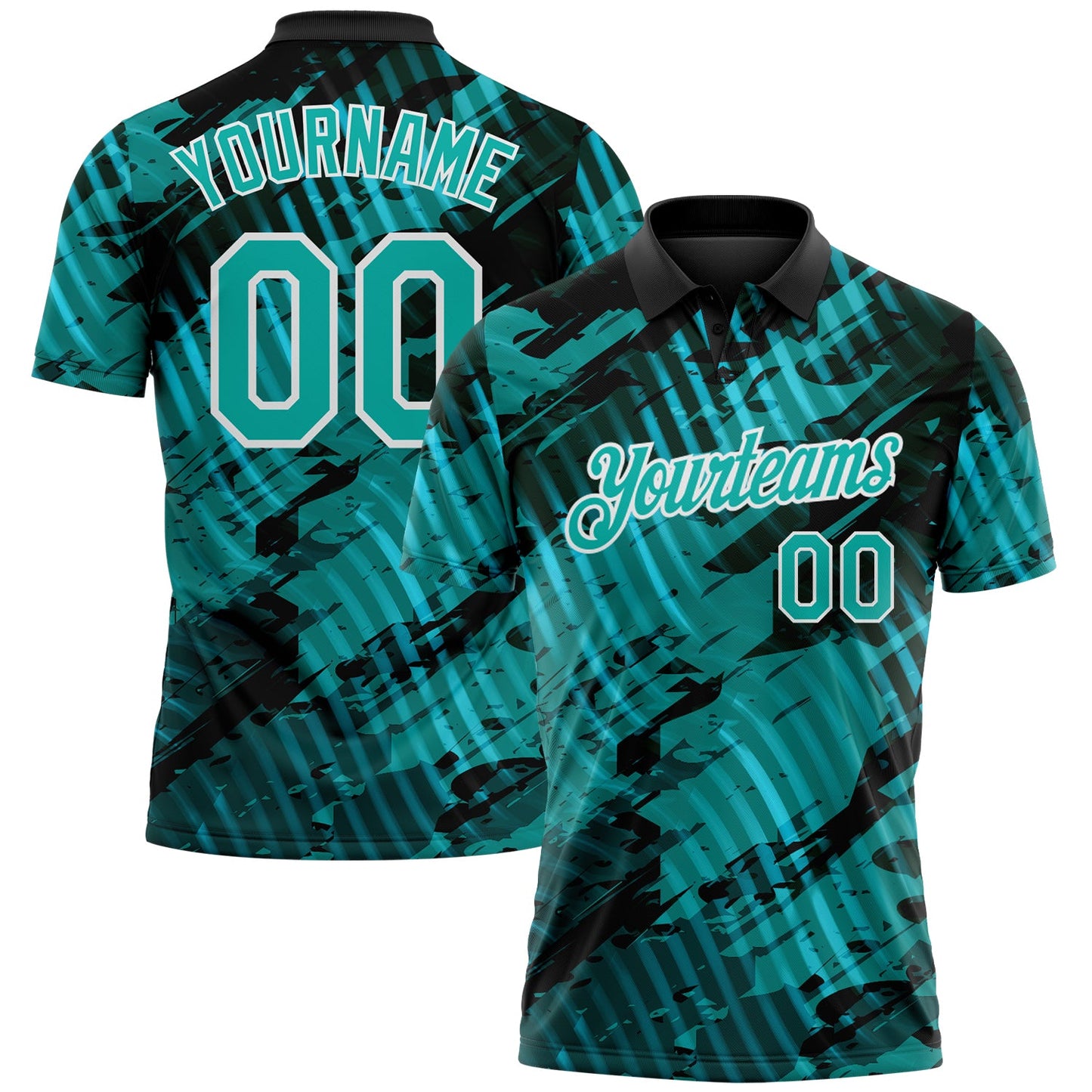 Custom Black Aqua-White Abstract Grunge Splatter Diagonal Stripe Performance Polo Shirt - Main View