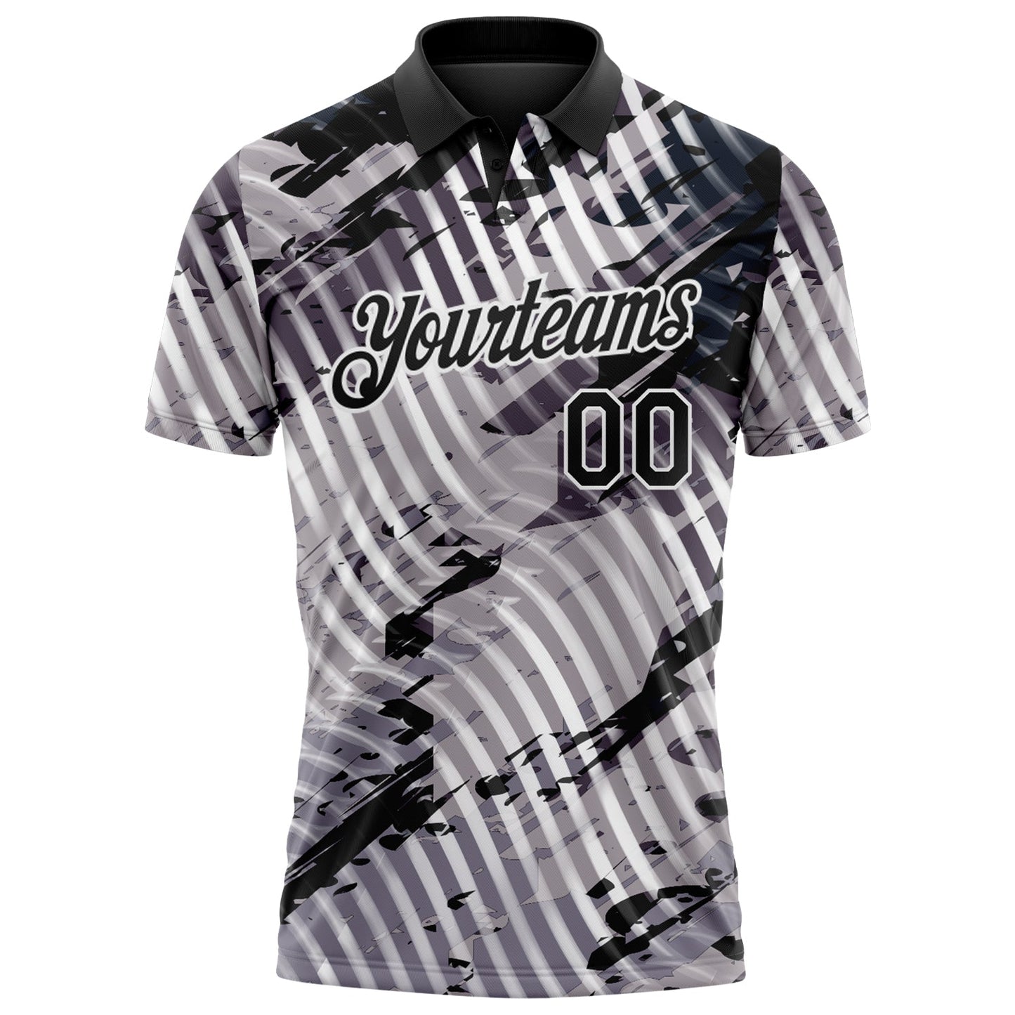 Custom Black Gray-White Abstract Grunge Splatter Diagonal Stripe Performance Polo Shirt view 2