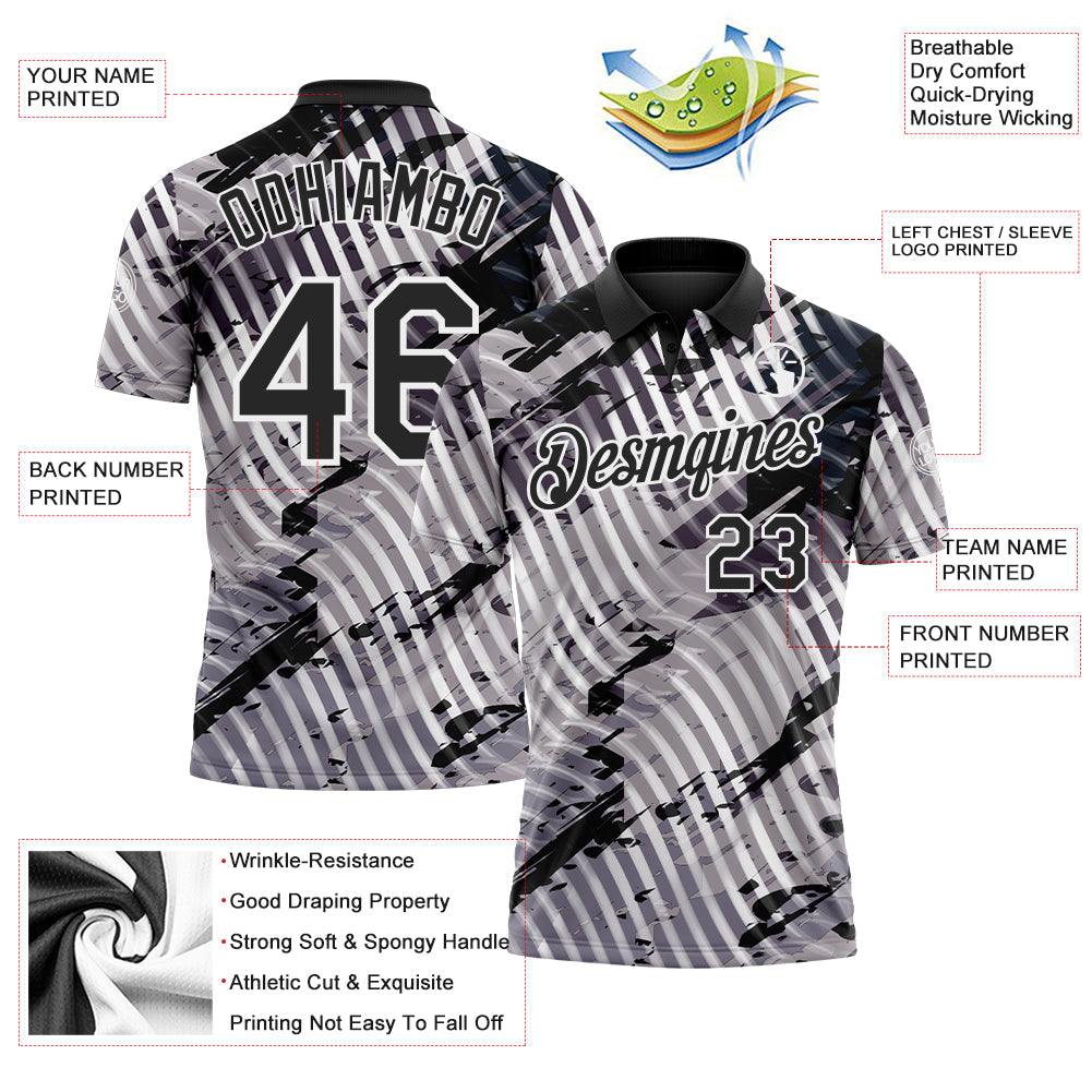 Custom Black Gray-White Abstract Grunge Splatter Diagonal Stripe Performance Polo Shirt view 3