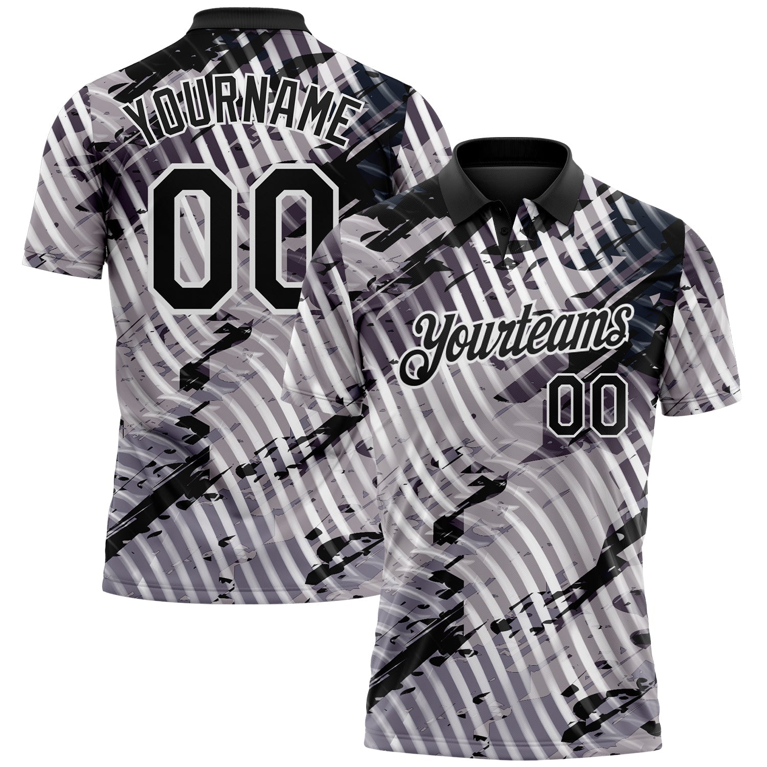 Custom Black Gray-White Abstract Grunge Splatter Diagonal Stripe Performance Polo Shirt - Main View
