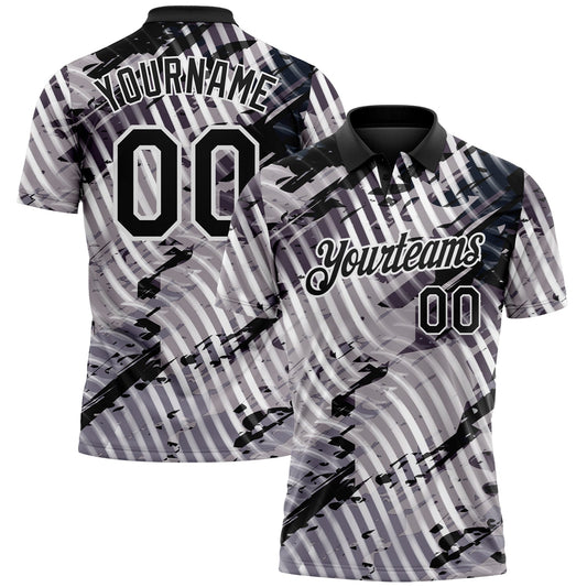 Custom Black Gray-White Abstract Grunge Splatter Diagonal Stripe Performance Polo Shirt - Main View