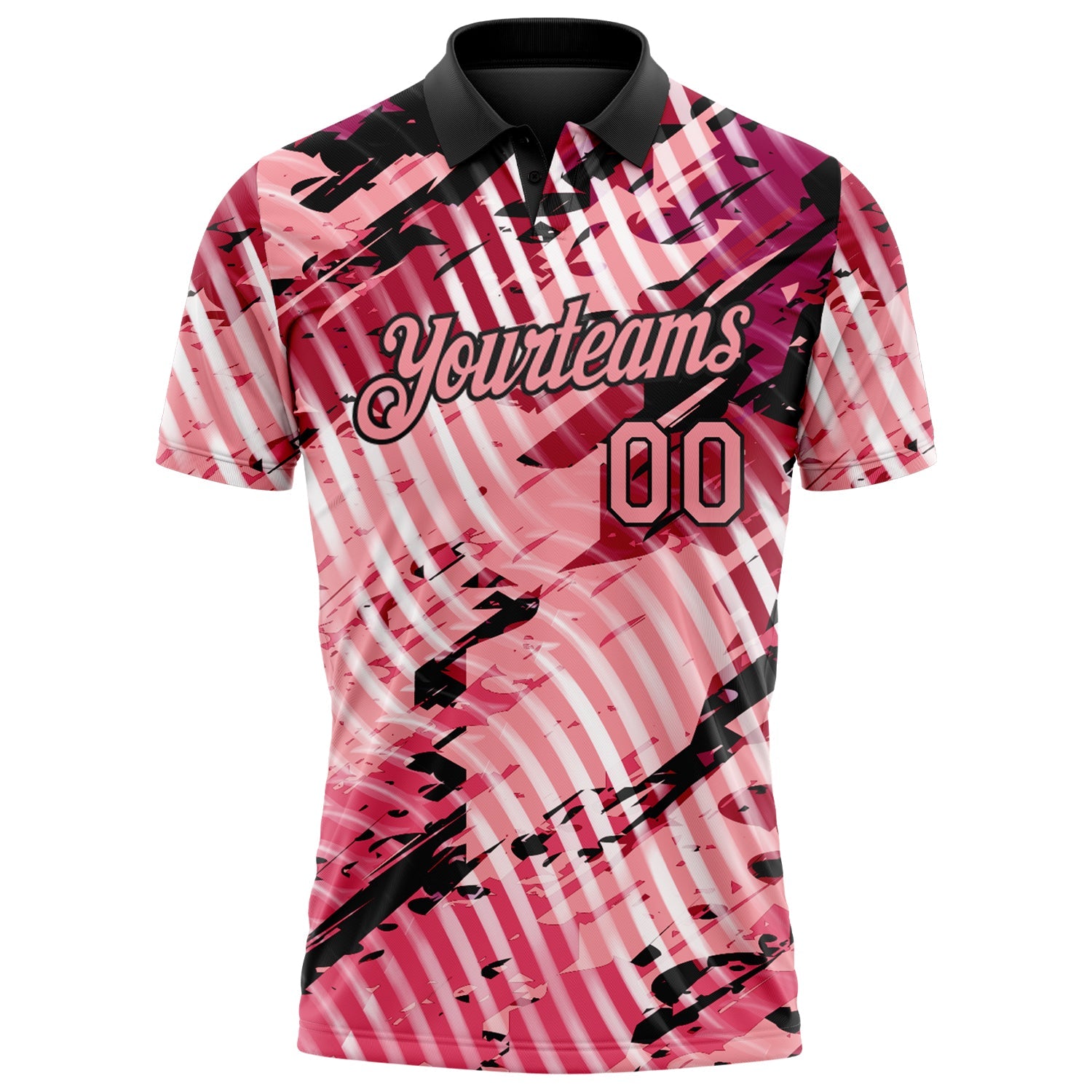 Custom Black-Light Pink Abstract Grunge Splatter Diagonal Stripe Performance Polo Shirt view 2
