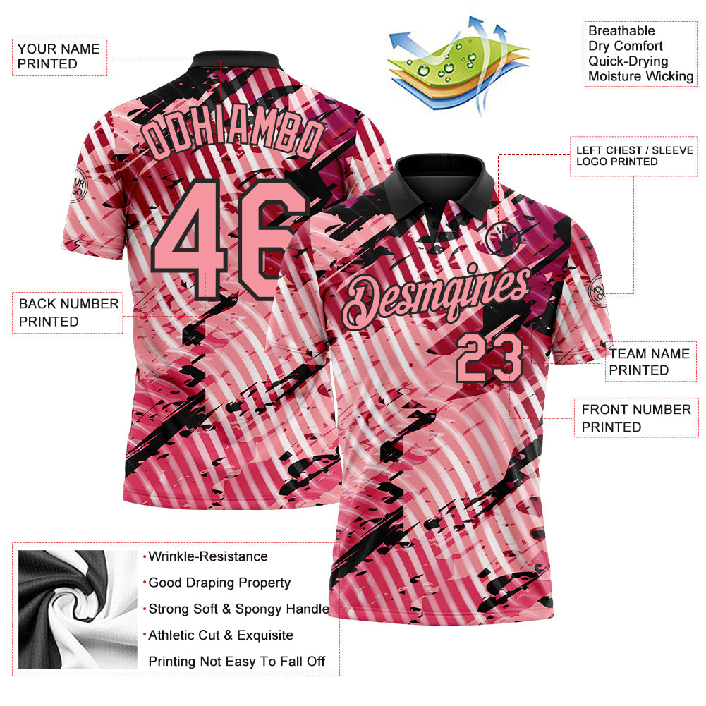 Custom Black-Light Pink Abstract Grunge Splatter Diagonal Stripe Performance Polo Shirt view 3