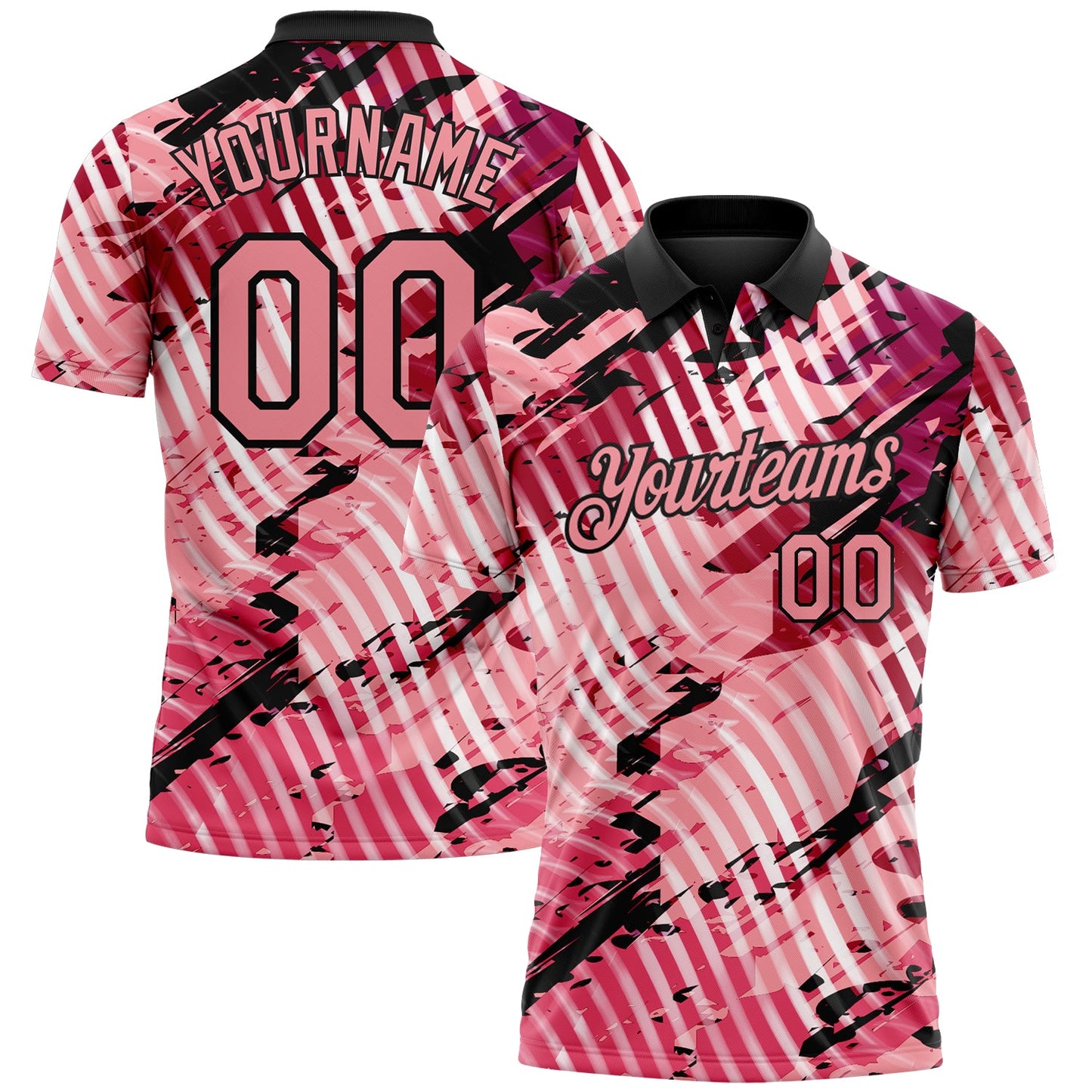 Custom Black-Light Pink Abstract Grunge Splatter Diagonal Stripe Performance Polo Shirt - Main View