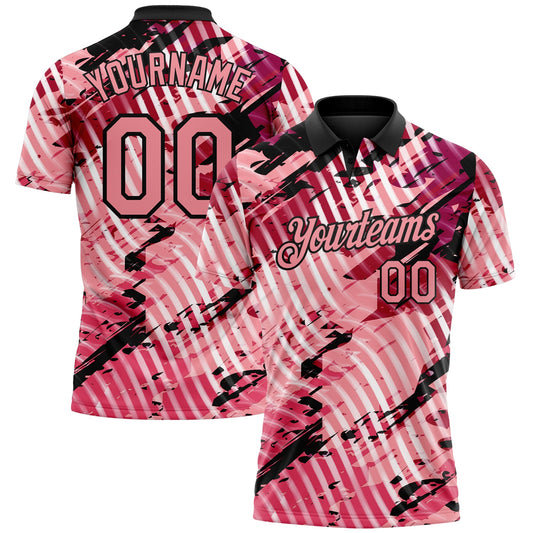 Custom Black-Light Pink Abstract Grunge Splatter Diagonal Stripe Performance Polo Shirt - Main View