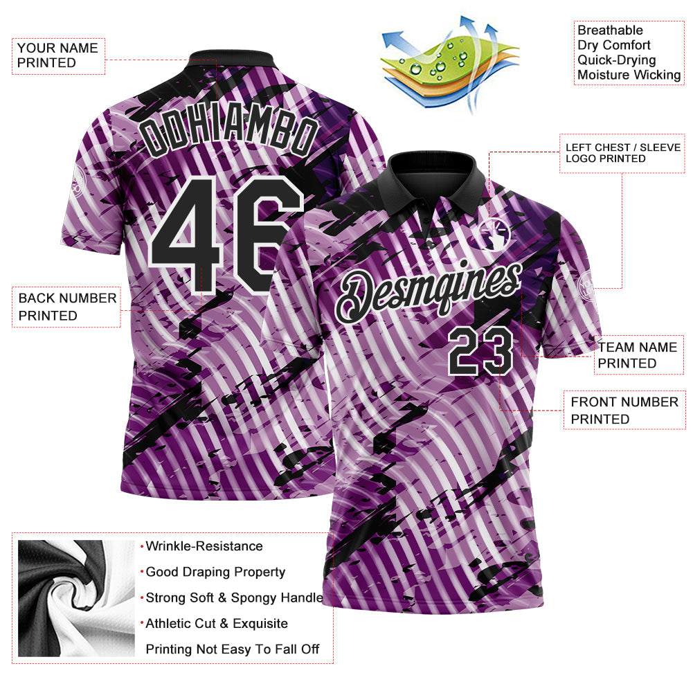 Custom Black Light Purple-White Abstract Grunge Splatter Diagonal Stripe Performance Polo Shirt view 3