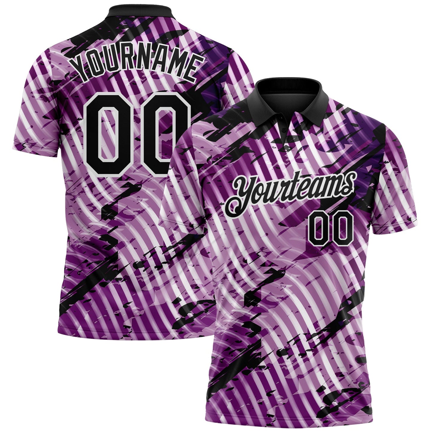 Custom Black Light Purple-White Abstract Grunge Splatter Diagonal Stripe Performance Polo Shirt - Main View