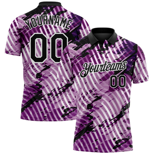Custom Black Light Purple-White Abstract Grunge Splatter Diagonal Stripe Performance Polo Shirt - Main View