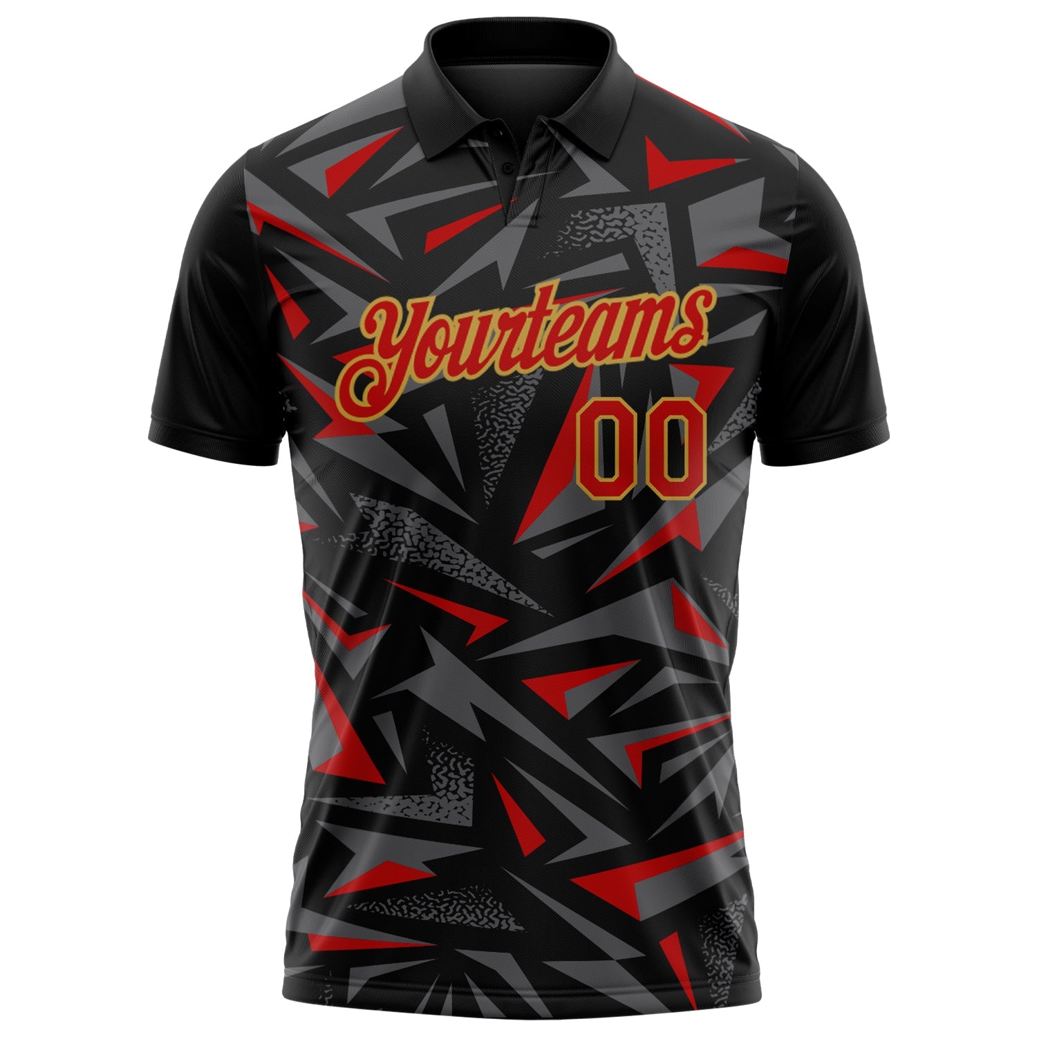 Custom Black Red Steel Gray-Old Gold Cyber Mecha E-sport Geometric Shards Spike Performance Polo Shirt view 2