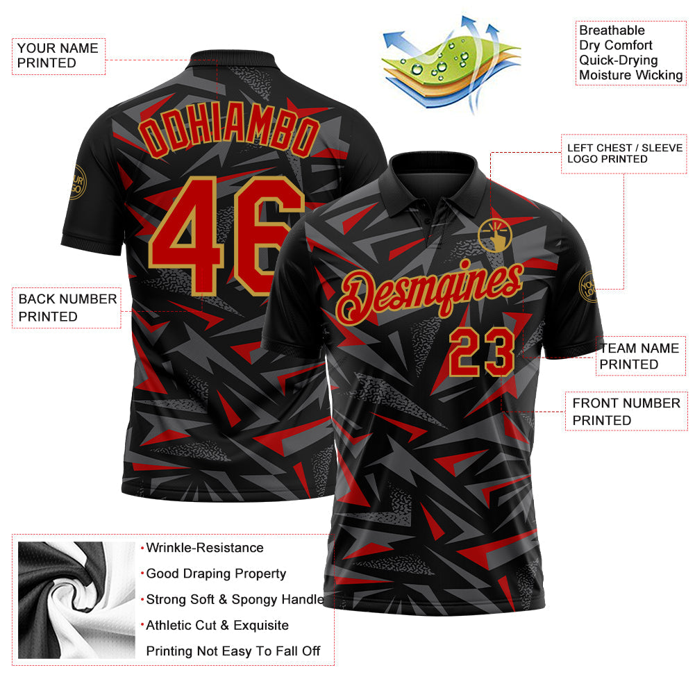 Custom Black Red Steel Gray-Old Gold Cyber Mecha E-sport Geometric Shards Spike Performance Polo Shirt view 3