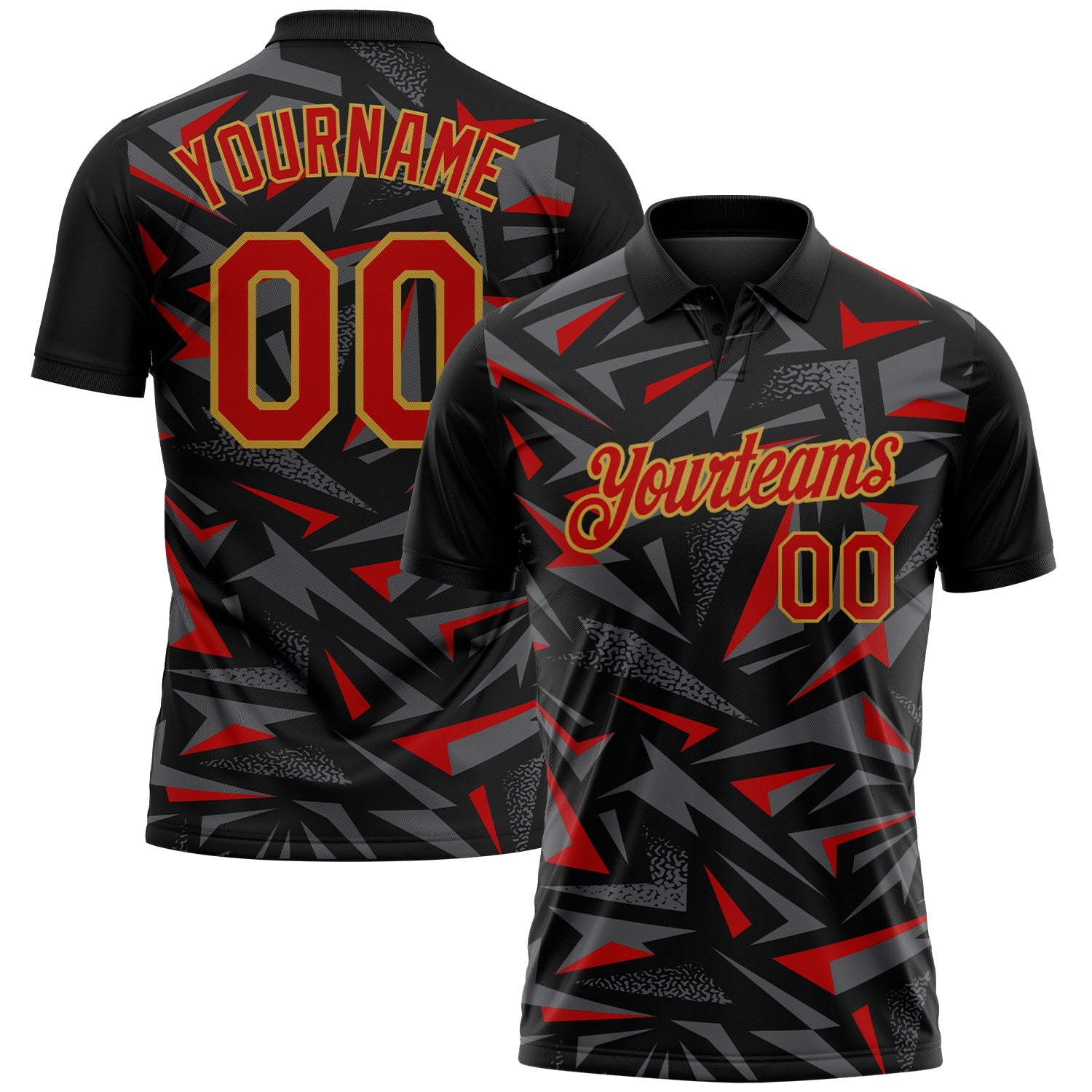 Custom Black Red Steel Gray-Old Gold Cyber Mecha E-sport Geometric Shards Spike Performance Polo Shirt - Main View