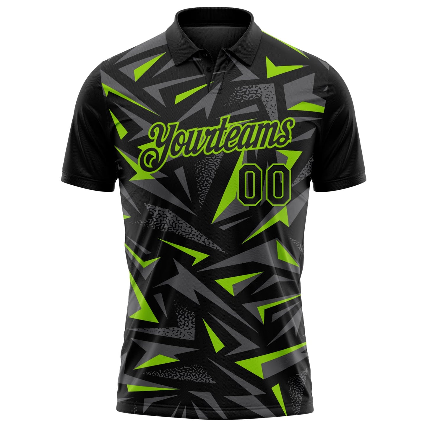 Custom Black Steel Gray-Neon Green Cyber Mecha E-sport Geometric Shards Spike Performance Polo Shirt view 2