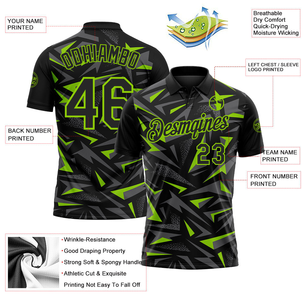 Custom Black Steel Gray-Neon Green Cyber Mecha E-sport Geometric Shards Spike Performance Polo Shirt view 3