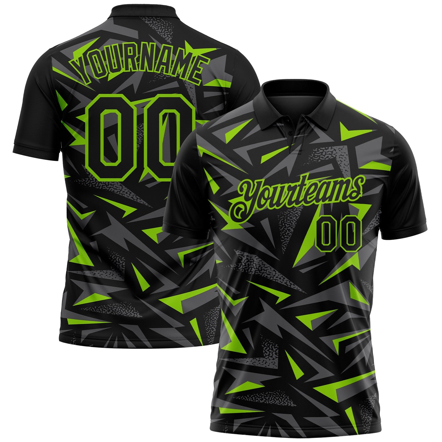 Custom Black Steel Gray-Neon Green Cyber Mecha E-sport Geometric Shards Spike Performance Polo Shirt - Main View
