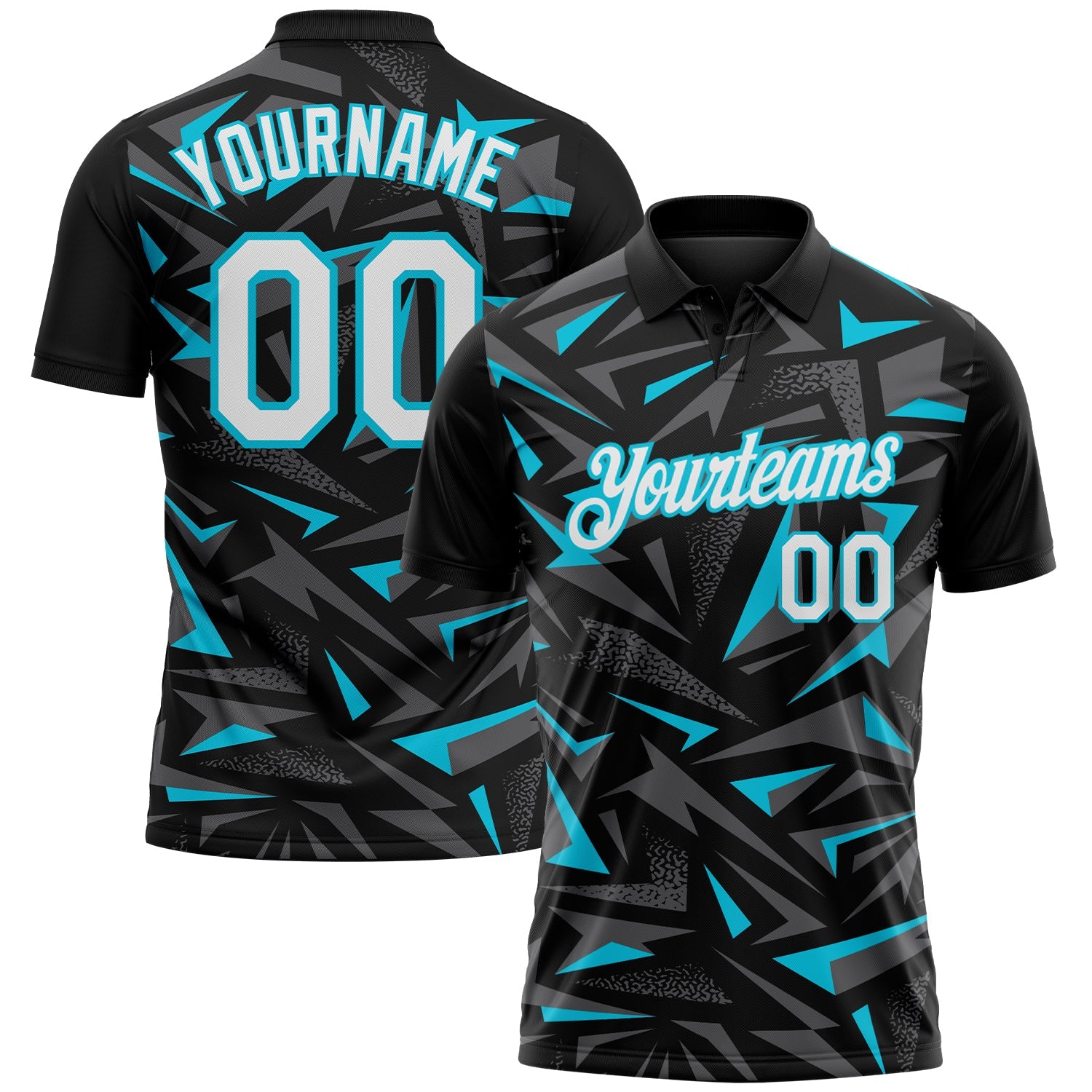 Custom Black White Steel Gray-Lakes Blue Cyber Mecha E-sport Geometric Shards Spike Performance Polo Shirt - Main View