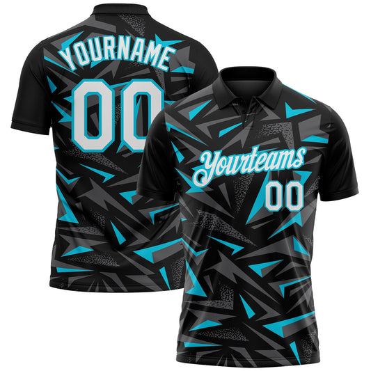 Custom Black White Steel Gray-Lakes Blue Cyber Mecha E-sport Geometric Shards Spike Performance Polo Shirt - Main View