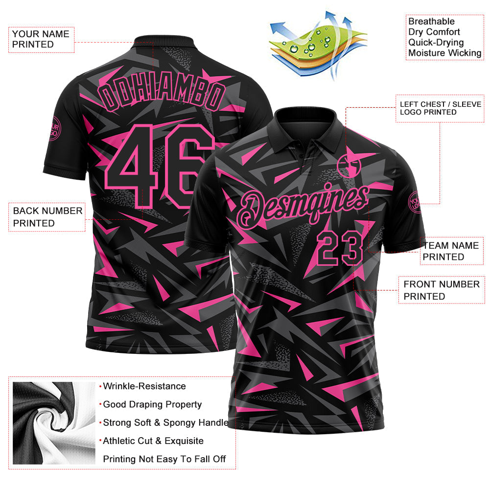 Custom Black Steel Gray-Pink Cyber Mecha E-sport Geometric Shards Spike Performance Polo Shirt view 3