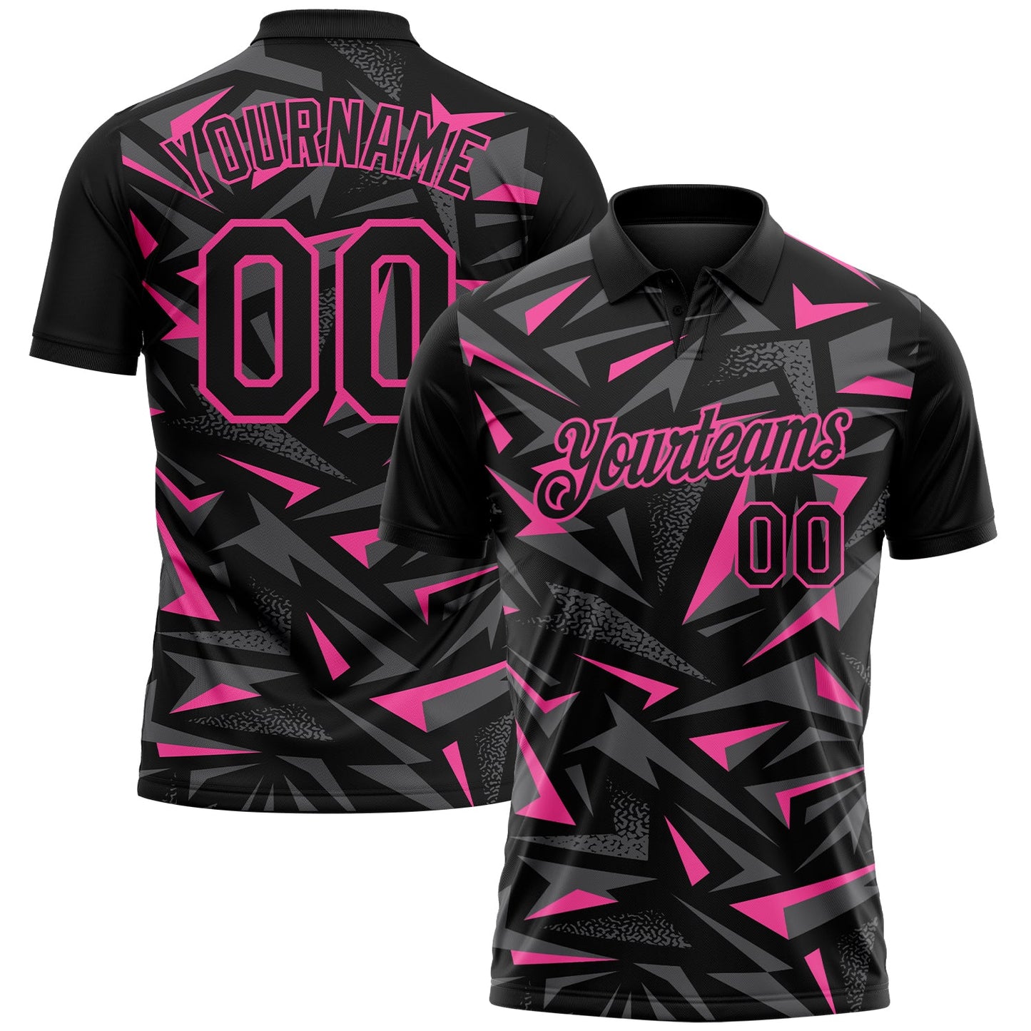 Custom Black Steel Gray-Pink Cyber Mecha E-sport Geometric Shards Spike Performance Polo Shirt - Main View