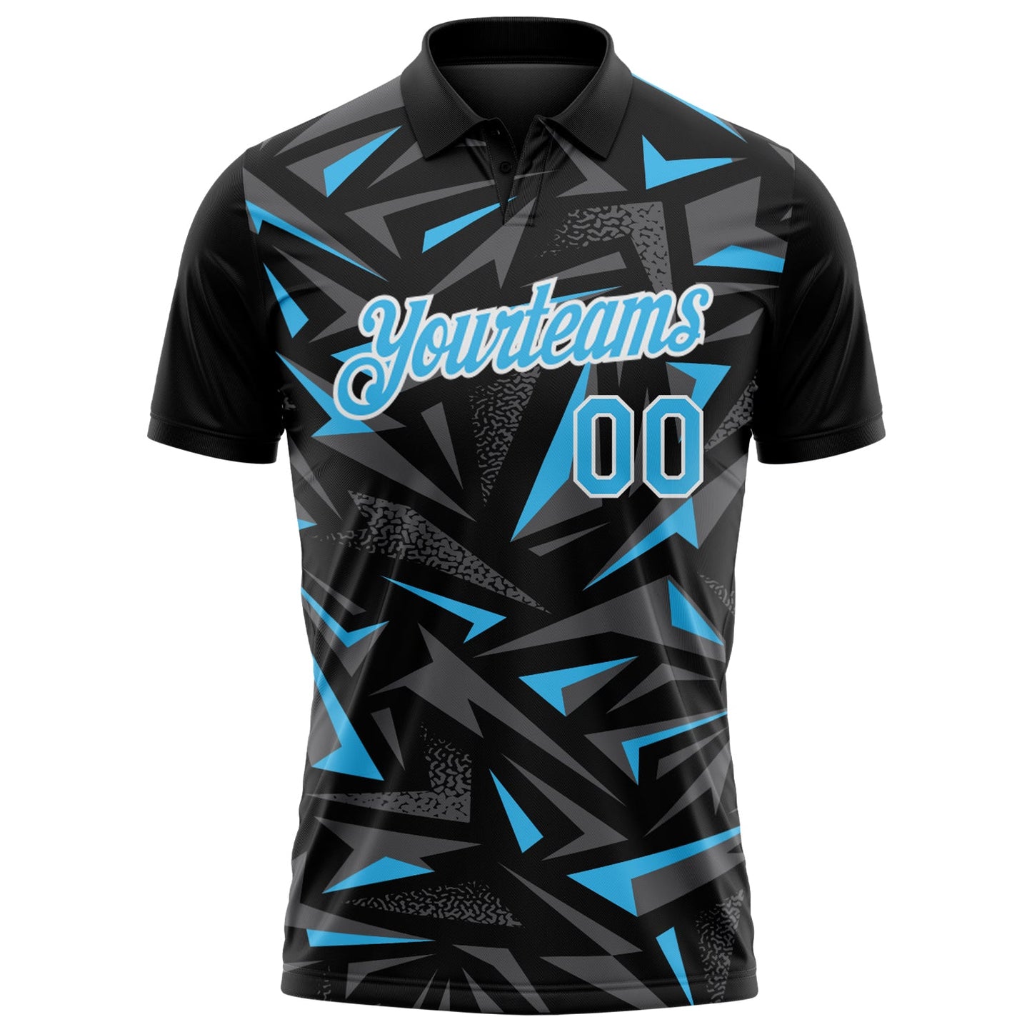 Custom Black Sky Blue Steel Gray-White Cyber Mecha E-sport Geometric Shards Spike Performance Polo Shirt view 2