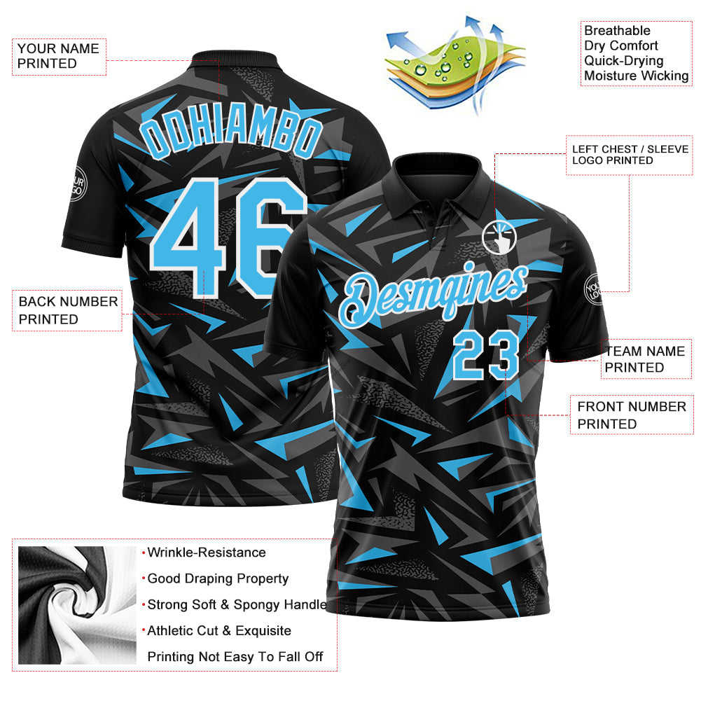 Custom Black Sky Blue Steel Gray-White Cyber Mecha E-sport Geometric Shards Spike Performance Polo Shirt view 3