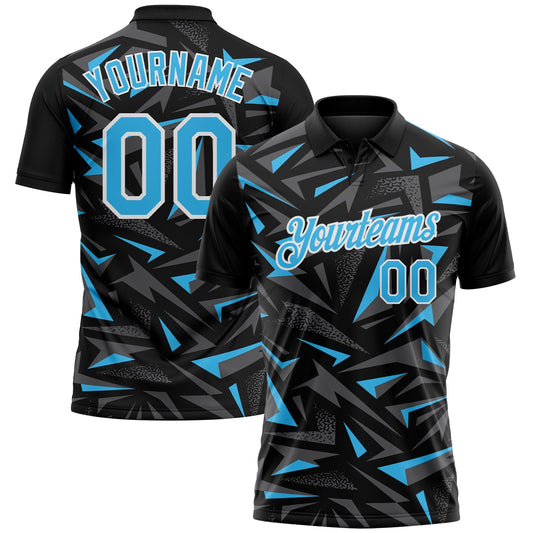 Custom Black Sky Blue Steel Gray-White Cyber Mecha E-sport Geometric Shards Spike Performance Polo Shirt - Main View