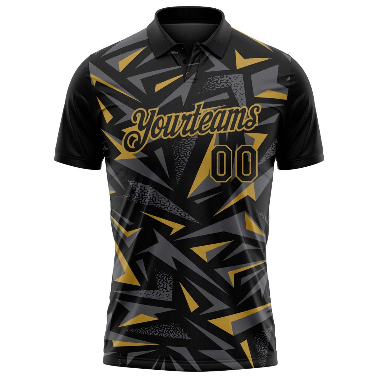 Custom Black Steel Gray-Old Gold Cyber Mecha E-sport Geometric Shards Spike Performance Polo Shirt view 2