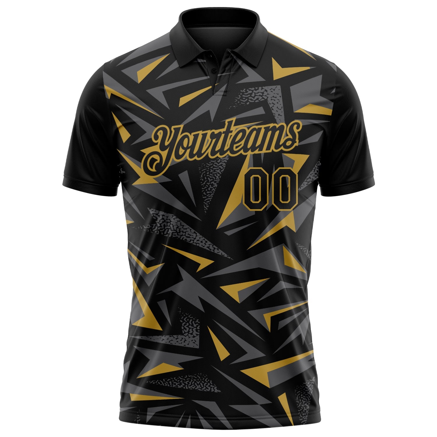 Custom Black Steel Gray-Old Gold Cyber Mecha E-sport Geometric Shards Spike Performance Polo Shirt view 2