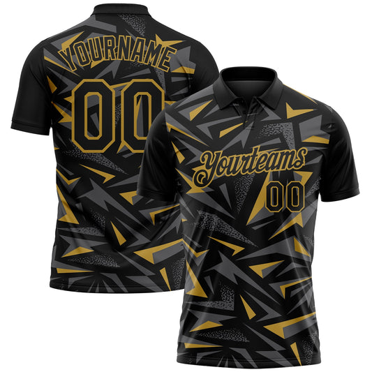 Custom Black Steel Gray-Old Gold Cyber Mecha E-sport Geometric Shards Spike Performance Polo Shirt - Main View