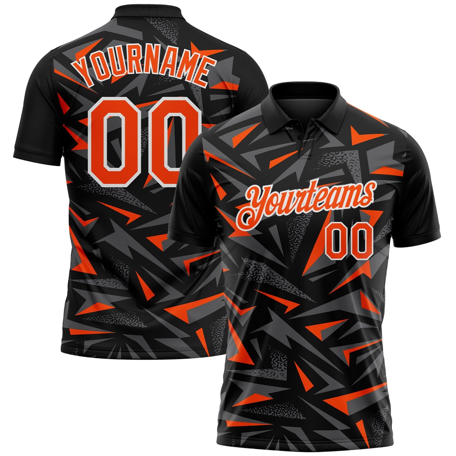 Custom Black Orange Steel Gray-White Cyber Mecha E-sport Geometric Shards Spike Performance Polo Shirt - Main View