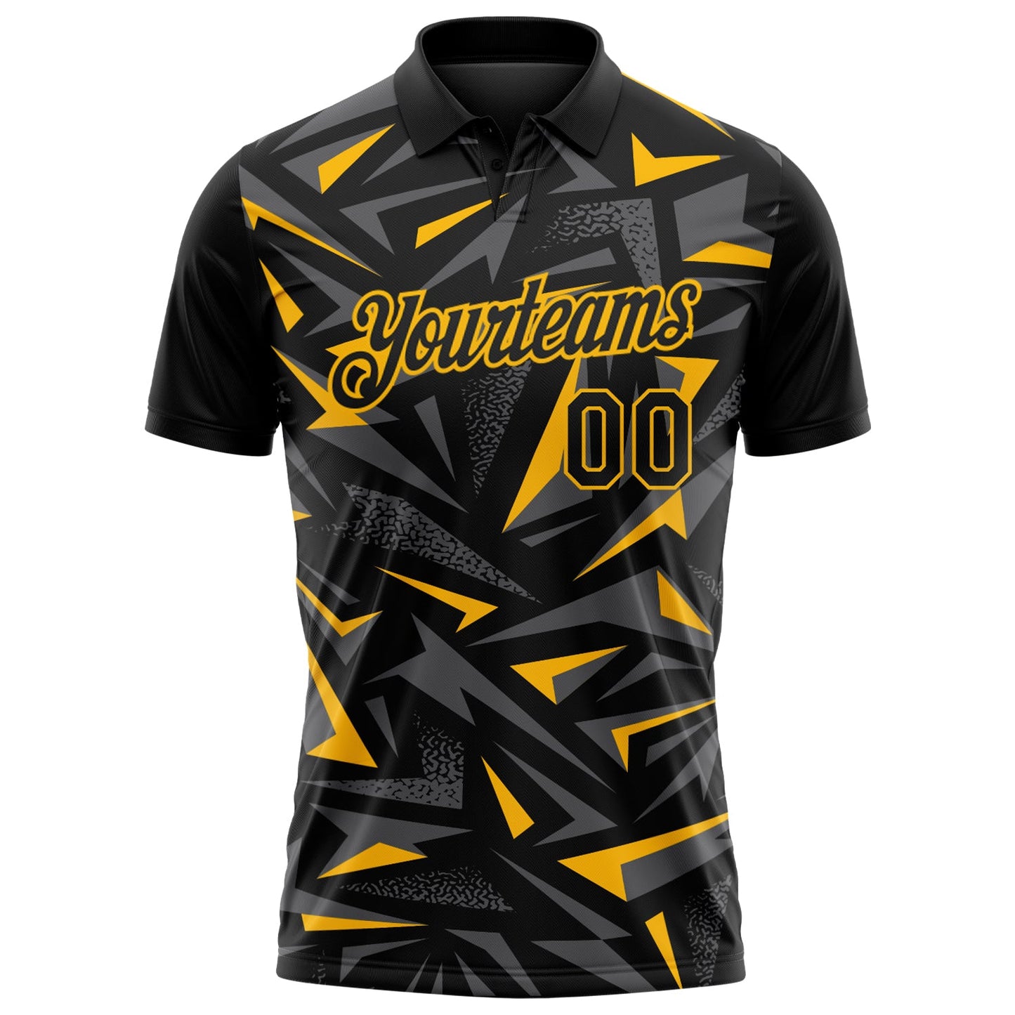 Custom Black Steel Gray-Gold Cyber Mecha E-sport Geometric Shards Spike Performance Polo Shirt view 2