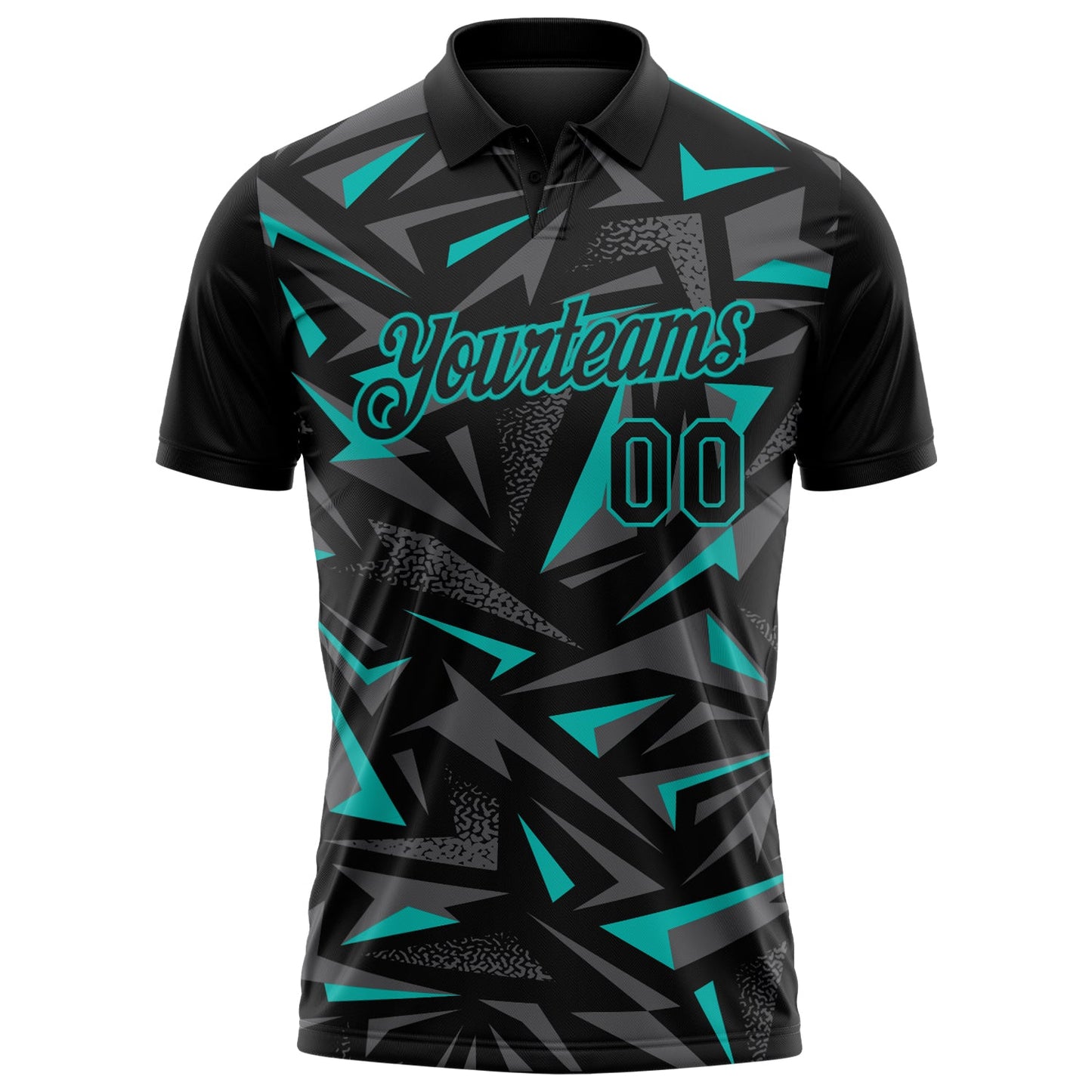 Custom Black Steel Gray-Aqua Cyber Mecha E-sport Geometric Shards Spike Performance Polo Shirt view 2