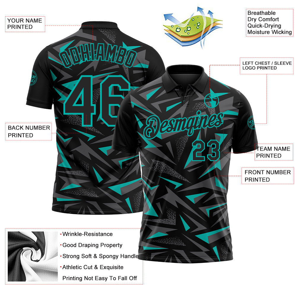 Custom Black Steel Gray-Aqua Cyber Mecha E-sport Geometric Shards Spike Performance Polo Shirt view 3