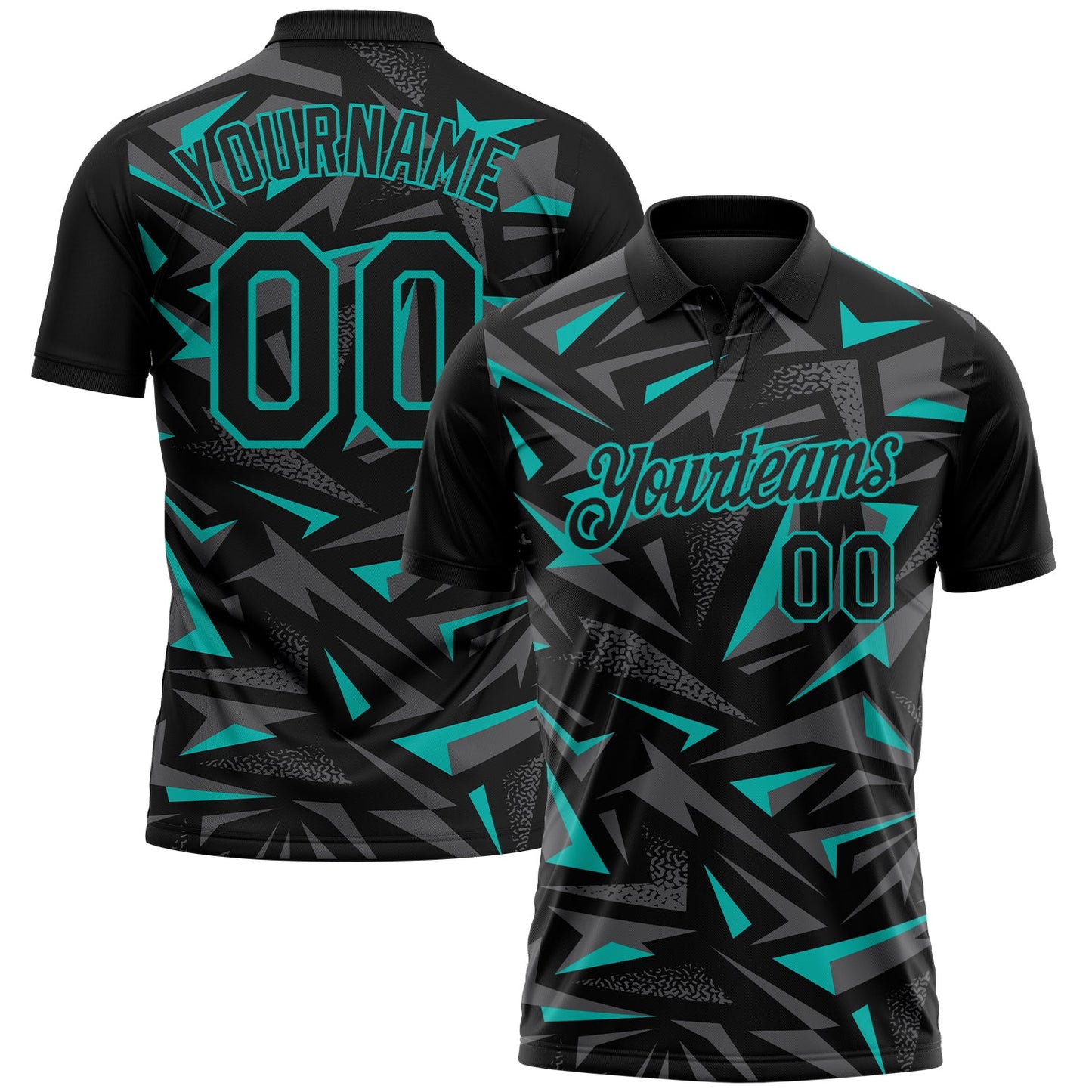 Custom Black Steel Gray-Aqua Cyber Mecha E-sport Geometric Shards Spike Performance Polo Shirt - Main View