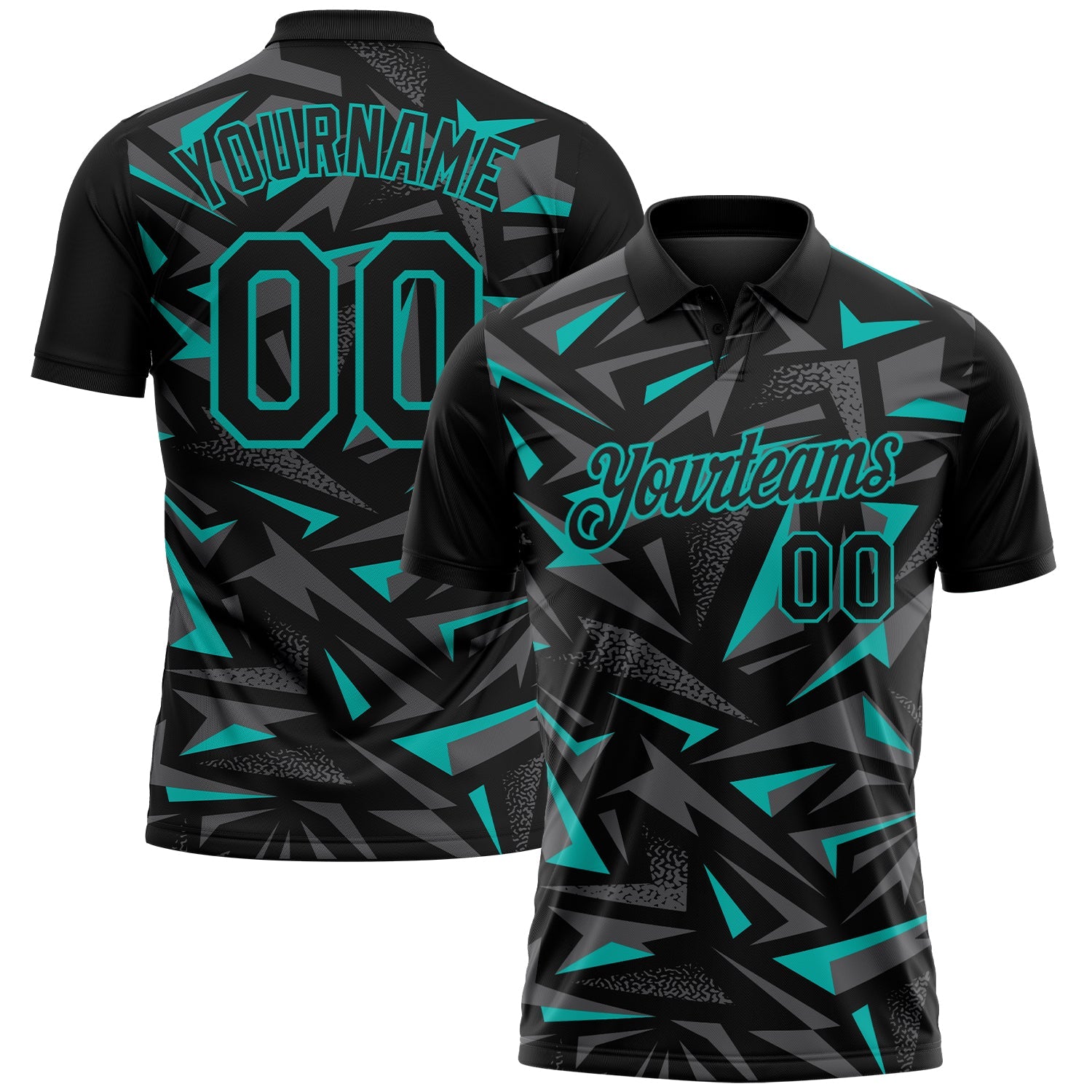 Custom Black Steel Gray-Aqua Cyber Mecha E-sport Geometric Shards Spike Performance Polo Shirt - Main View