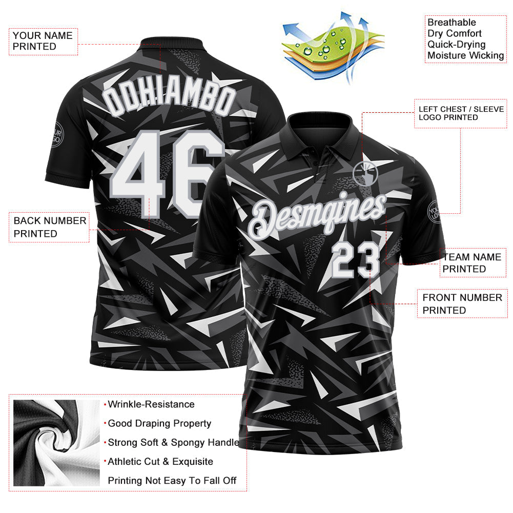 Custom Black White Steel Gray-Gray Cyber Mecha E-sport Geometric Shards Spike Performance Polo Shirt view 3