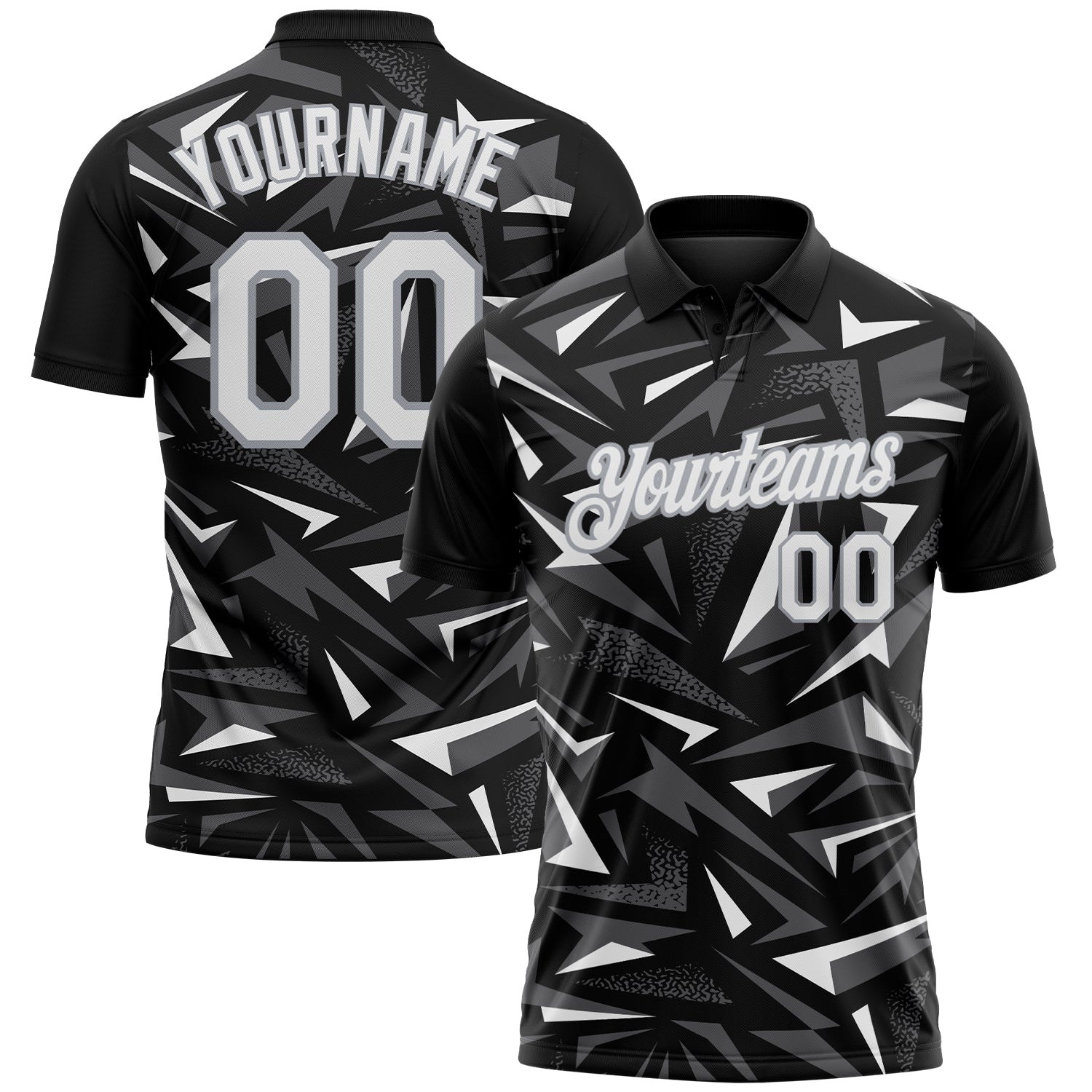 Custom Black White Steel Gray-Gray Cyber Mecha E-sport Geometric Shards Spike Performance Polo Shirt - Main View