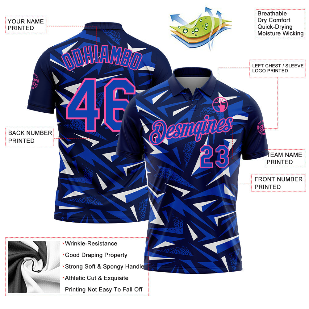 Custom Navy Thunder Blue White-Pink Cyber Mecha E-sport Geometric Shards Spike Performance Polo Shirt view 3