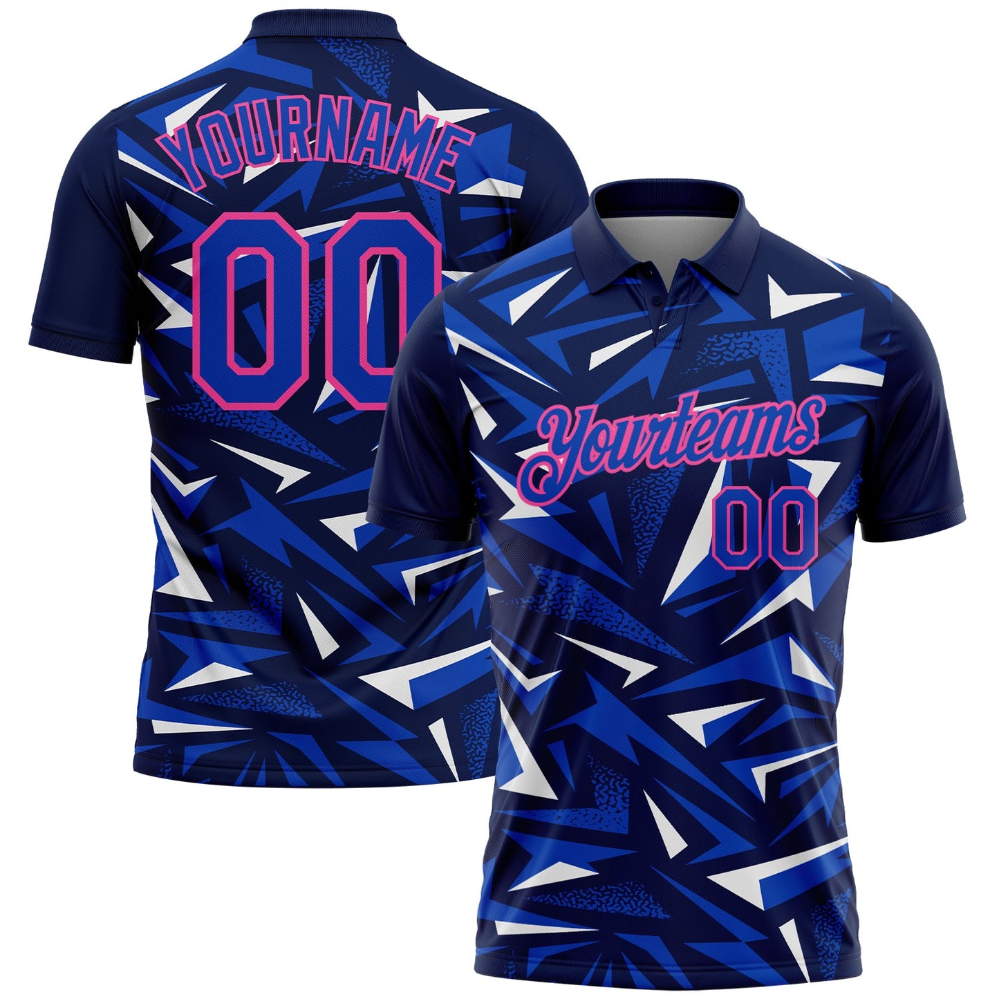 Custom Navy Thunder Blue White-Pink Cyber Mecha E-sport Geometric Shards Spike Performance Polo Shirt - Main View