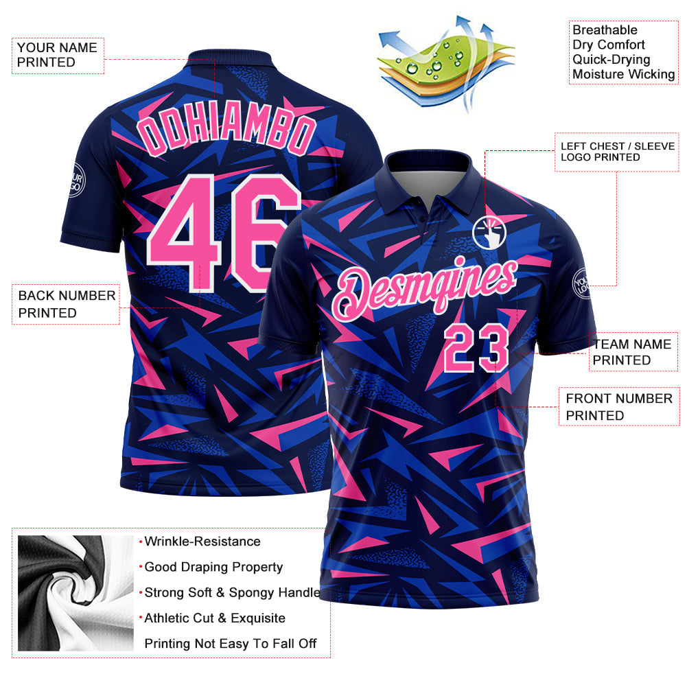 Custom Navy Pink Thunder Blue-White Cyber Mecha E-sport Geometric Shards Spike Performance Polo Shirt view 3