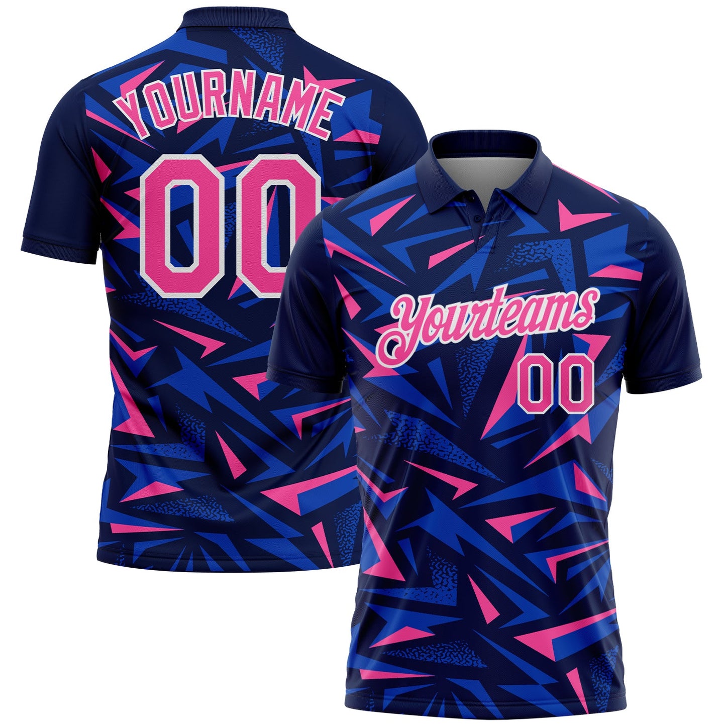 Custom Navy Pink Thunder Blue-White Cyber Mecha E-sport Geometric Shards Spike Performance Polo Shirt - Main View