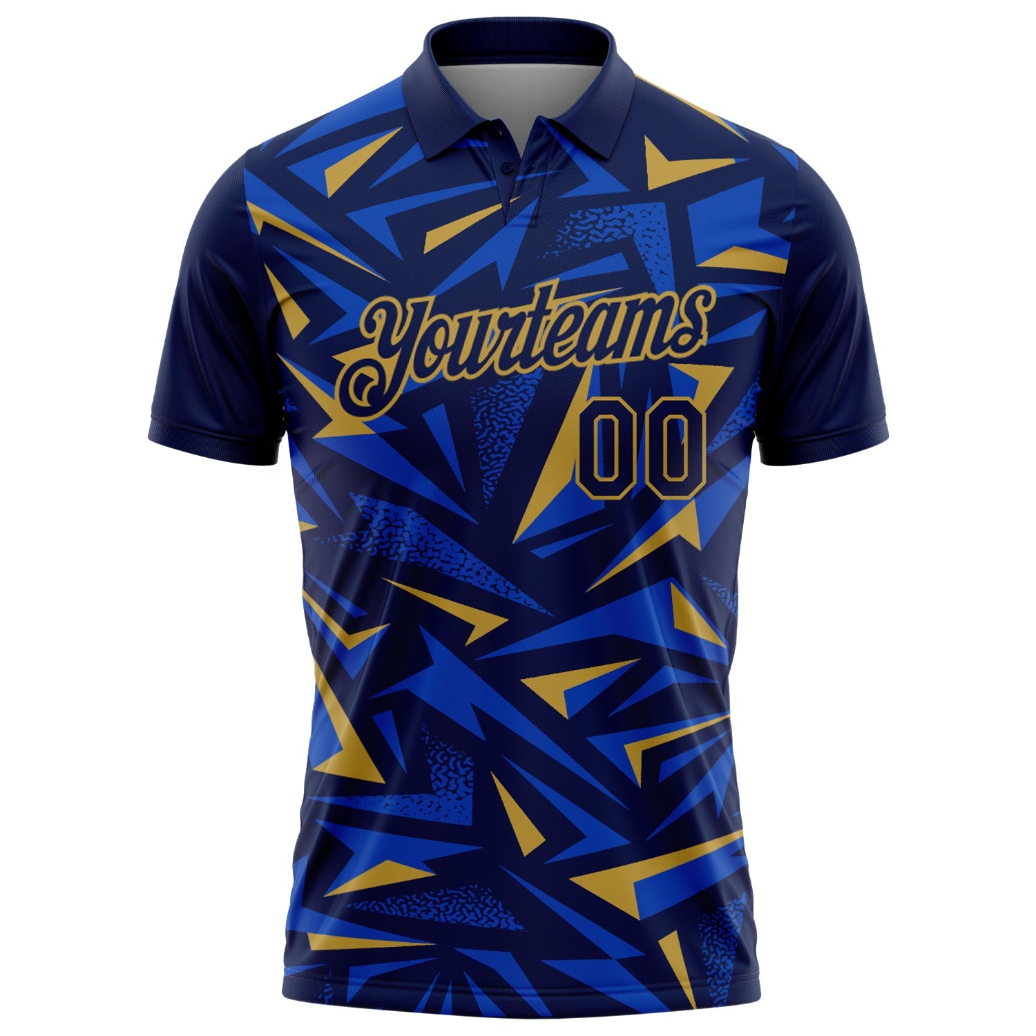 Custom Navy Thunder Blue-Old Gold Cyber Mecha E-sport Geometric Shards Spike Performance Polo Shirt view 2