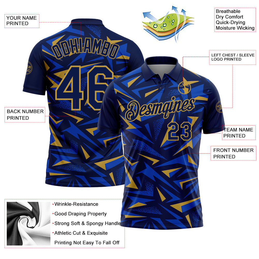 Custom Navy Thunder Blue-Old Gold Cyber Mecha E-sport Geometric Shards Spike Performance Polo Shirt view 3