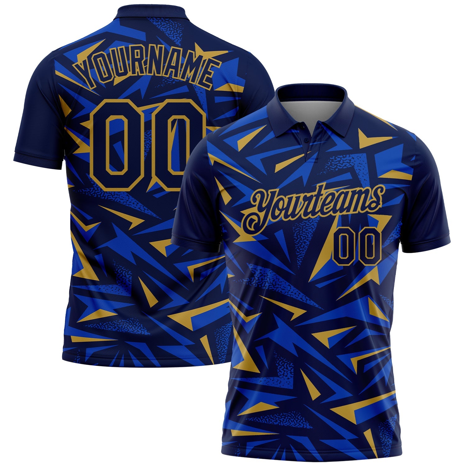 Custom Navy Thunder Blue-Old Gold Cyber Mecha E-sport Geometric Shards Spike Performance Polo Shirt - Main View
