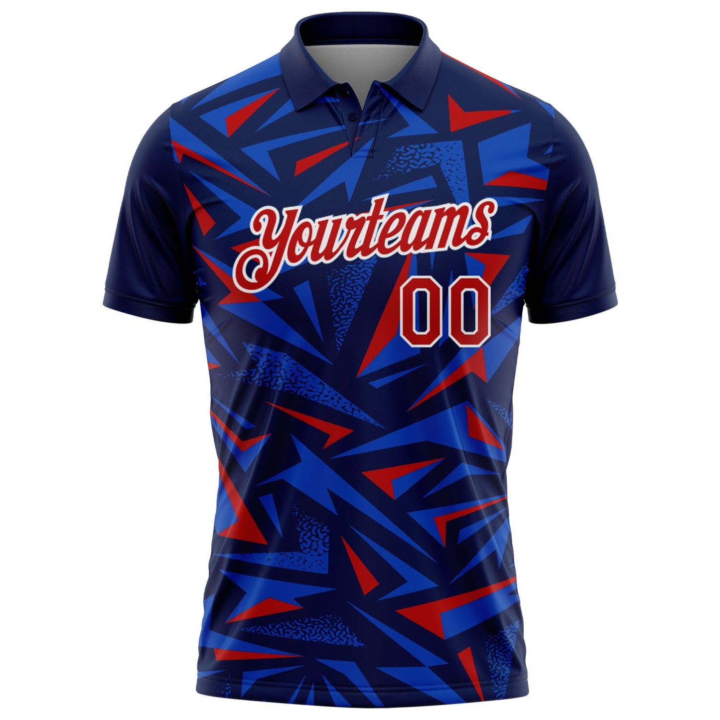 Custom Navy Red Thunder Blue-White Cyber Mecha E-sport Geometric Shards Spike Performance Polo Shirt view 2