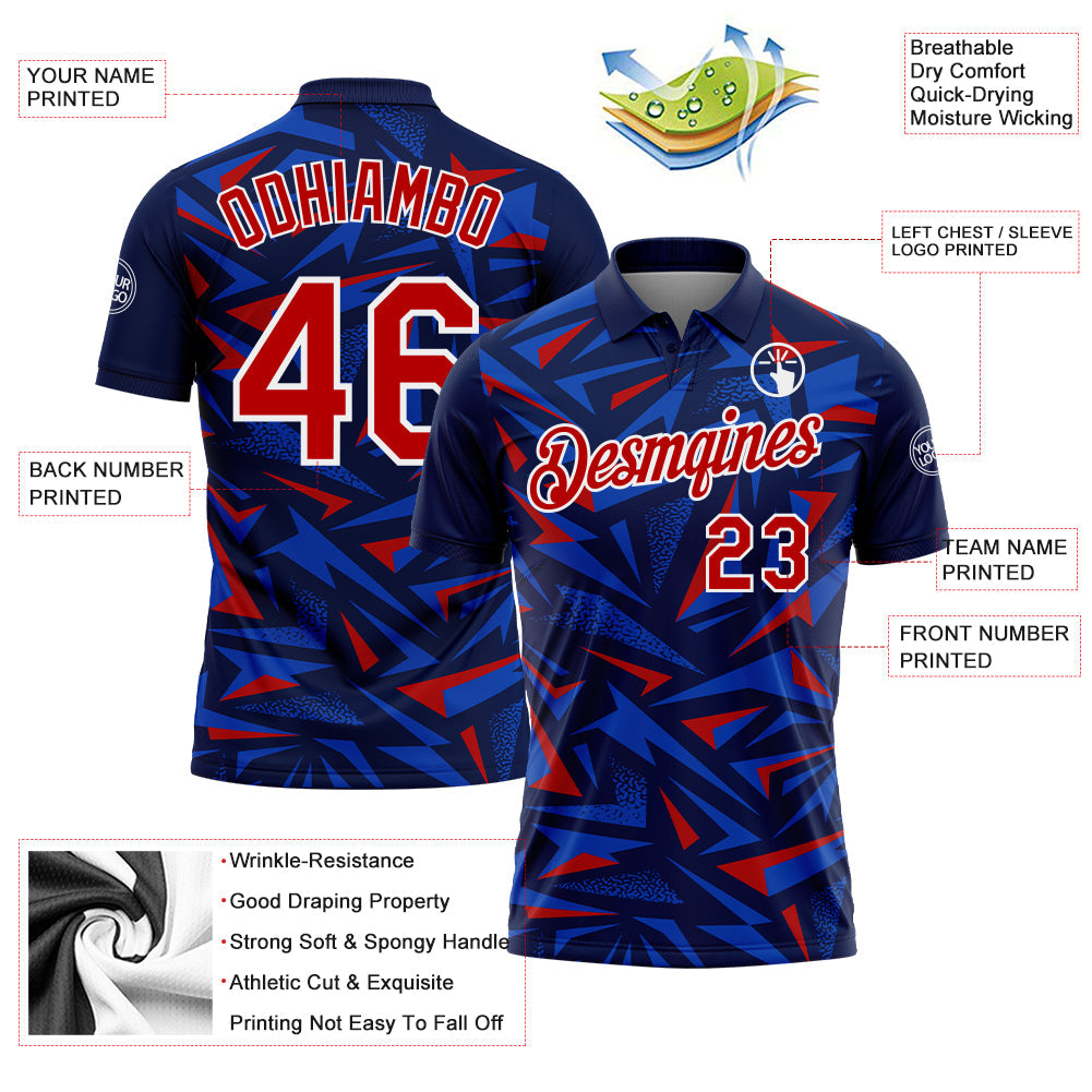 Custom Navy Red Thunder Blue-White Cyber Mecha E-sport Geometric Shards Spike Performance Polo Shirt view 3