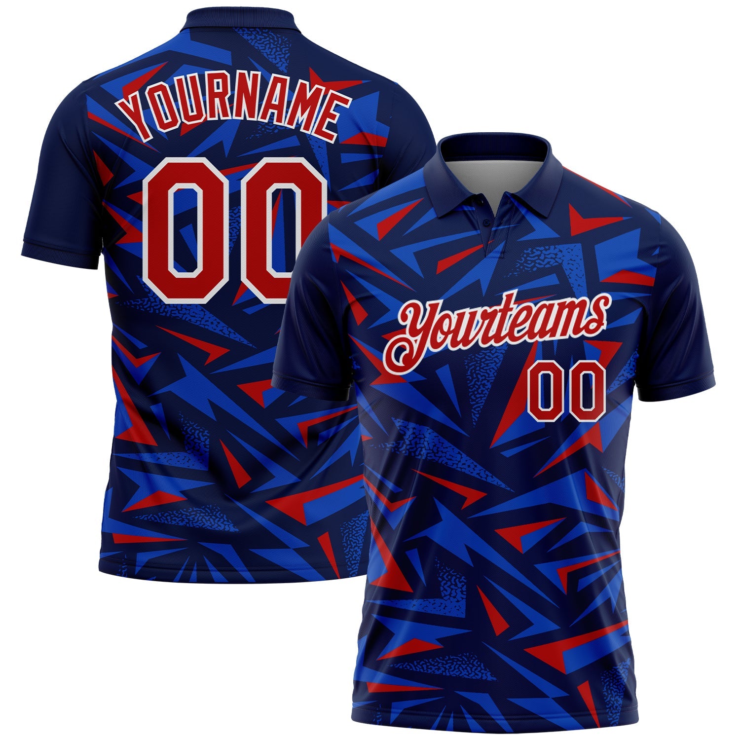 Custom Navy Red Thunder Blue-White Cyber Mecha E-sport Geometric Shards Spike Performance Polo Shirt - Main View